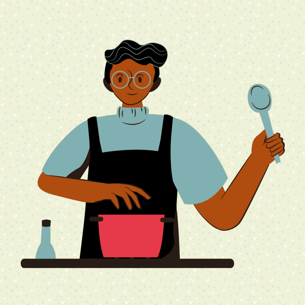 an image of a person in a dark apron over a blue shirt seasoning a pot full of food and holding up a spoon in one hand, symbolizing the act of cooking. This graphic is on a light green/yellow background with dots.