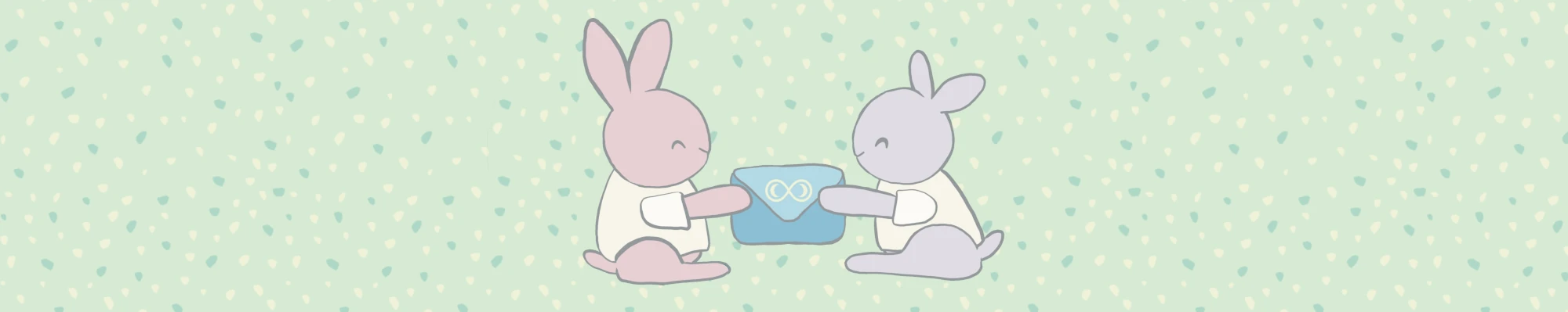 A cute hand drawn graphic of two rabbits in t-shirts exchanging a blue envelope. The envelope has an infinity symbol and two crescent moons on it, symbolizing the fact that this newsletter is a bit witchy and designed for neurodivergent folks. 